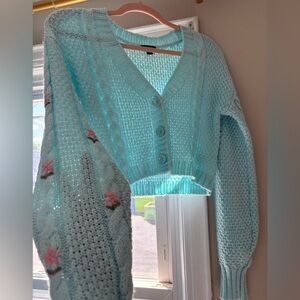Wild Fable Aqua Cable Knit Cardigan With Floral Sleeves
